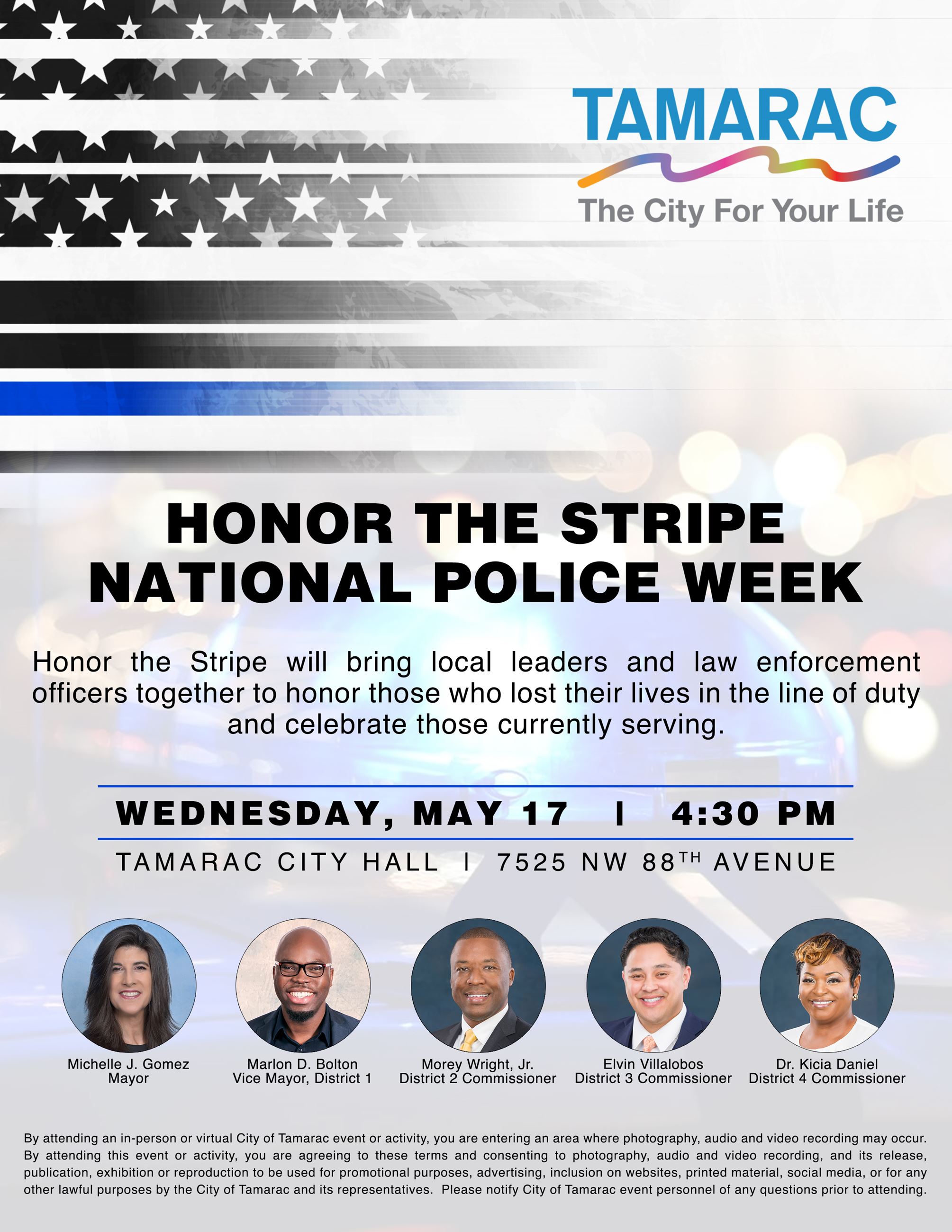 Honor the Stripe event flyer with blue, black and white flag and commission headshots