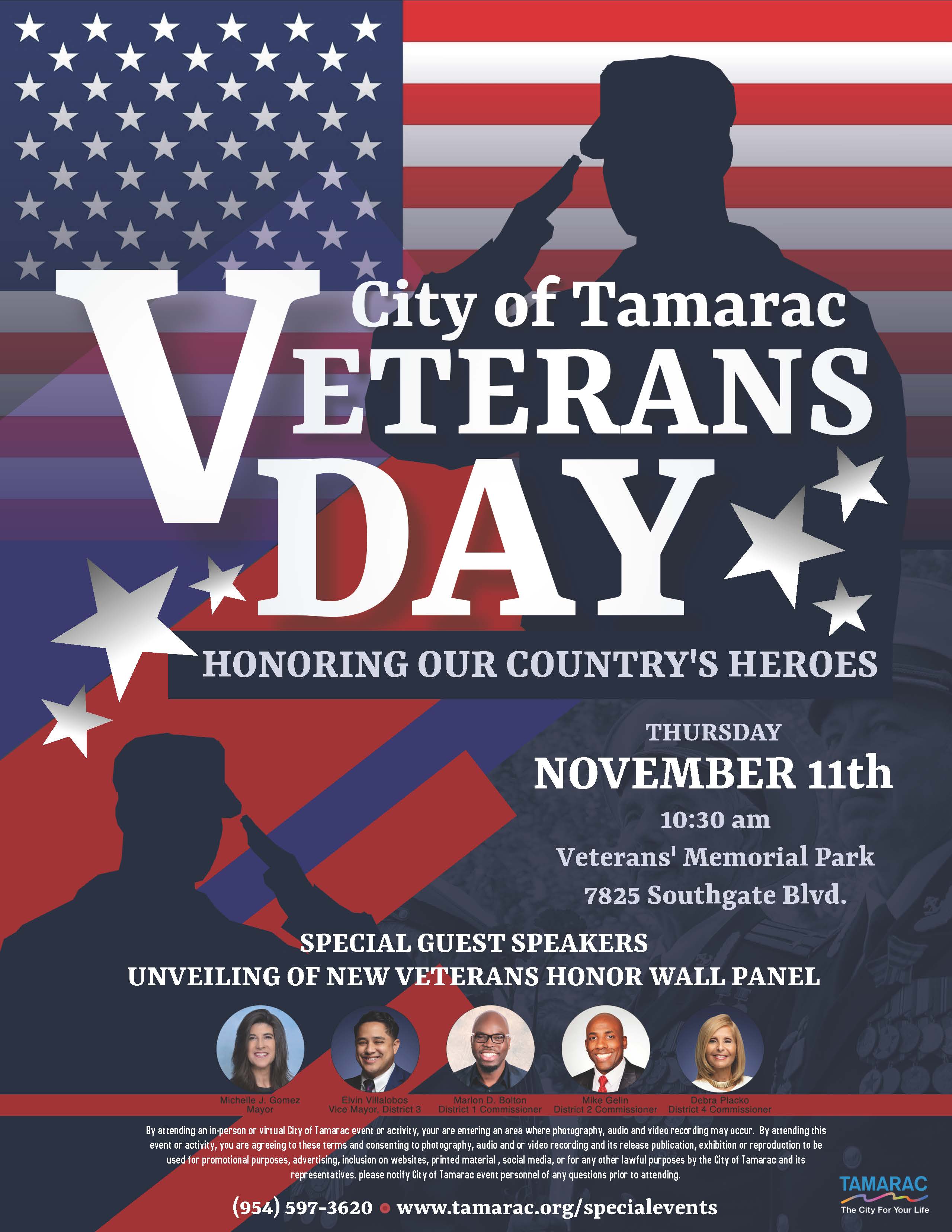 City of Tamarac Veterans Day Flyer. November 11, 10:30 AM, Veterans' Memorial Park. 