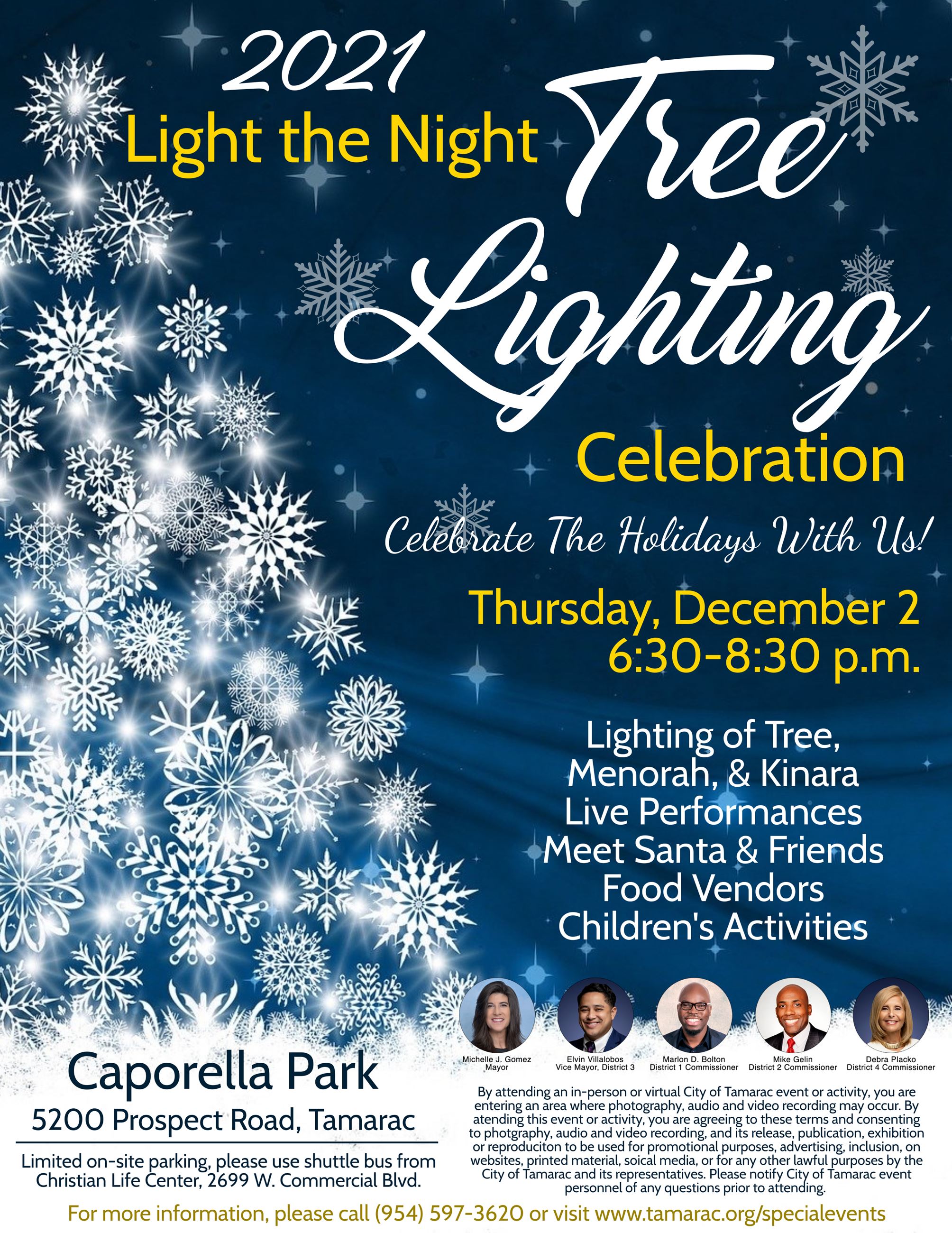 Image of white Christmas tree and Tamarac City Commission on a dark blue background. 