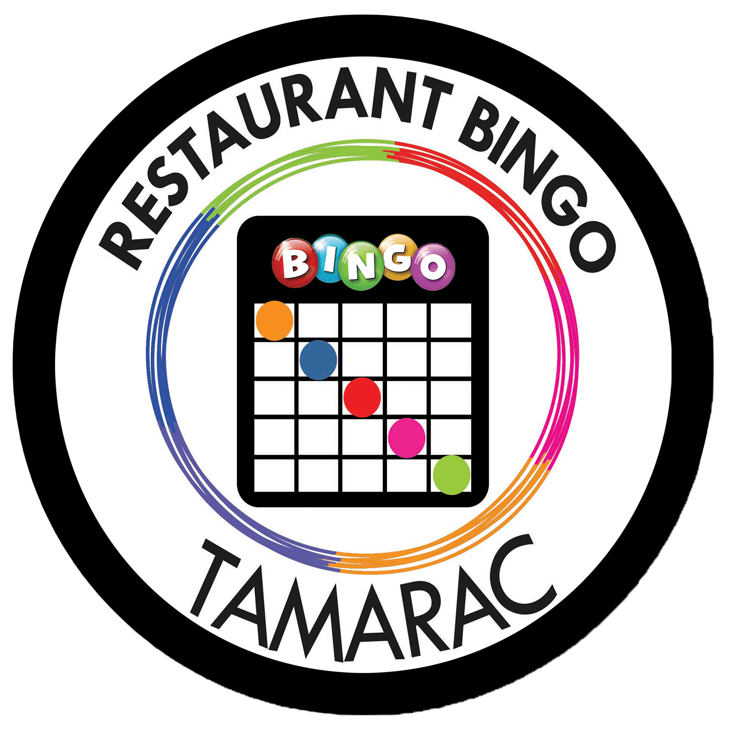 Tamarac Restaurant Bingo Sticker or chip Graphic with image of a multicolored Bingo game card. 