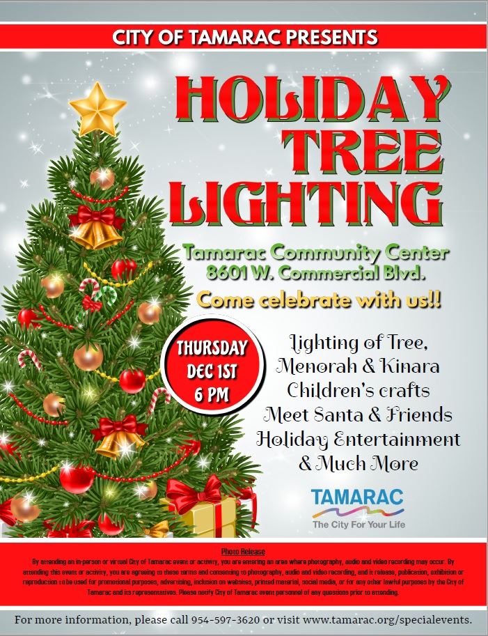 Tamarac's 2022 Tree Lighting Flyer with image of holiday décor and event details.