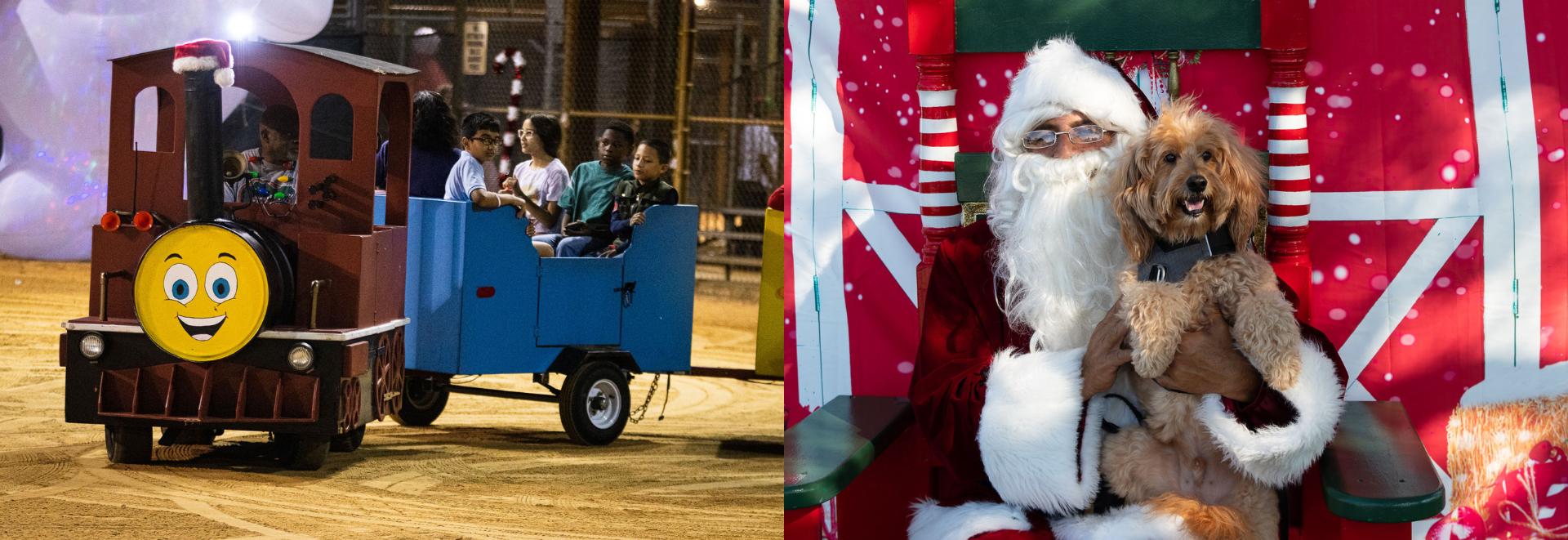 People sitting on a blue train and a beared man wearing a red jacket holing a dog