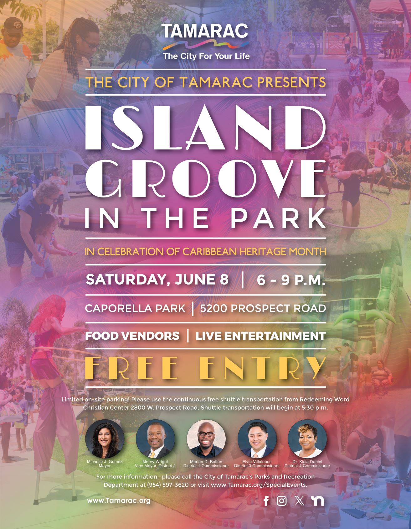 Stilt walker, bounce house and woman and child holding golf clubs smiling